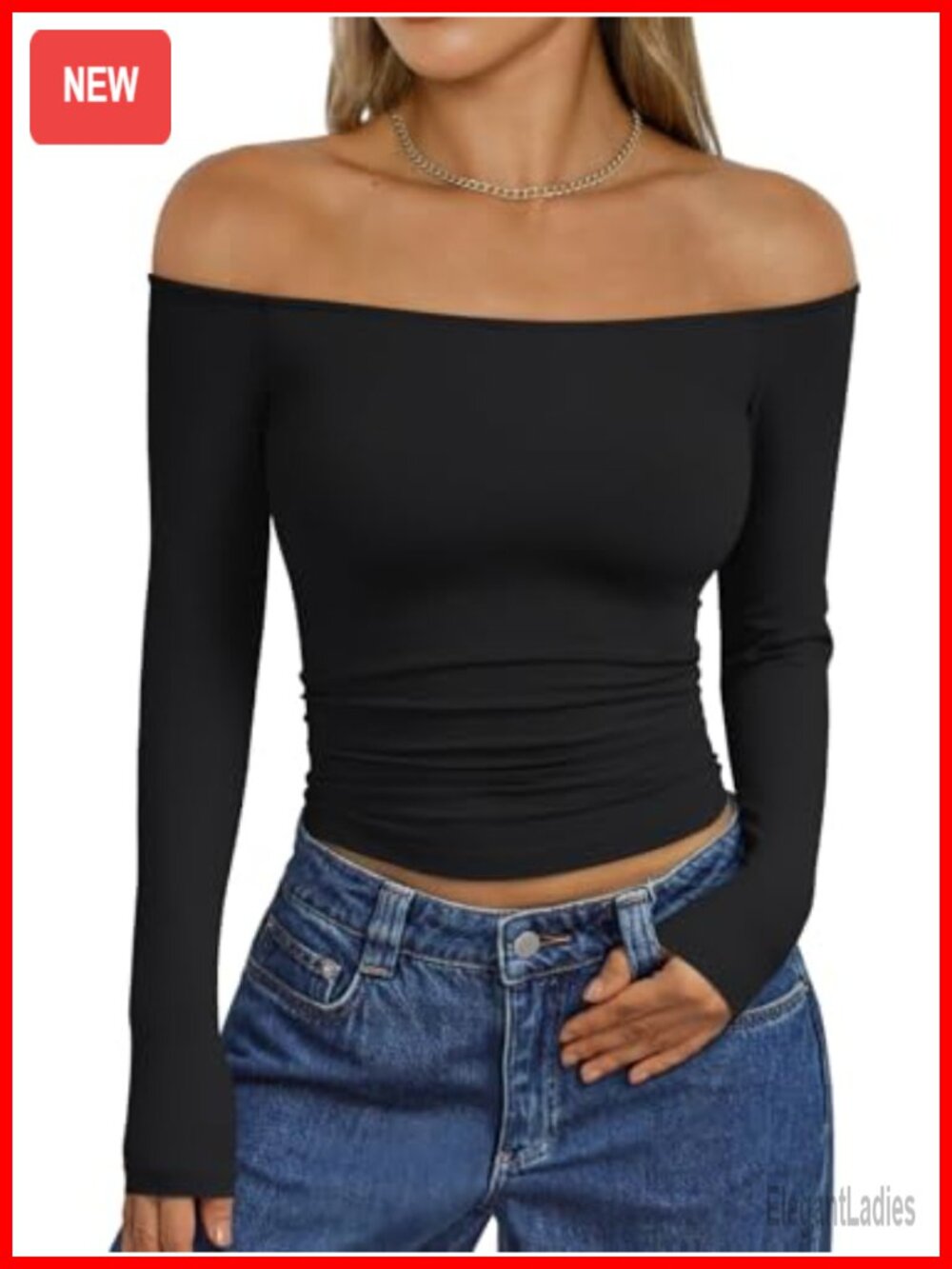 Off Shoulder Long Sleeve Crop Top Stretchy Fitted Y2K Going Out Tee